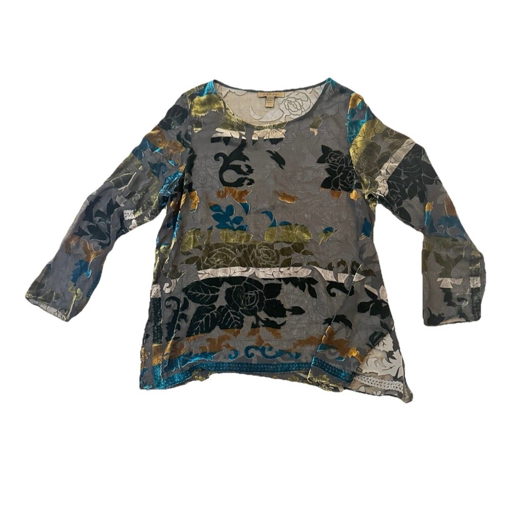 Kabari 100% Silk Burnout Velvet Floral Blouse USA Artwear 90s Boho Chic‎ Small
